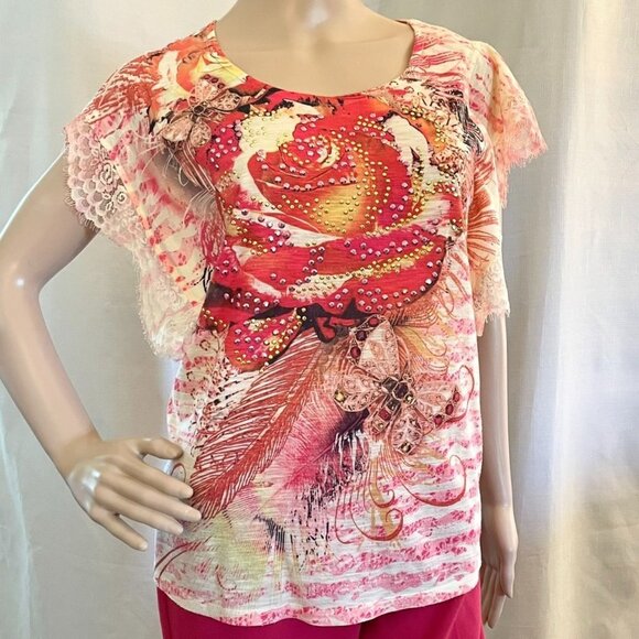 Style and Co Floral Top with Decorative Gems and Lace for Women Size PM Blouse - Picture 3 of 14